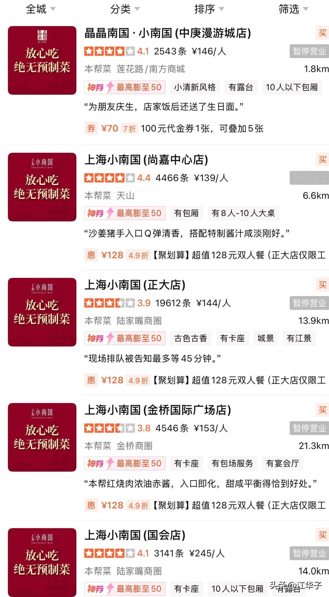 想不到上海著名餐饮连锁店小南国也全部关门歇业。

今天朋友打我电话，原本这个星期