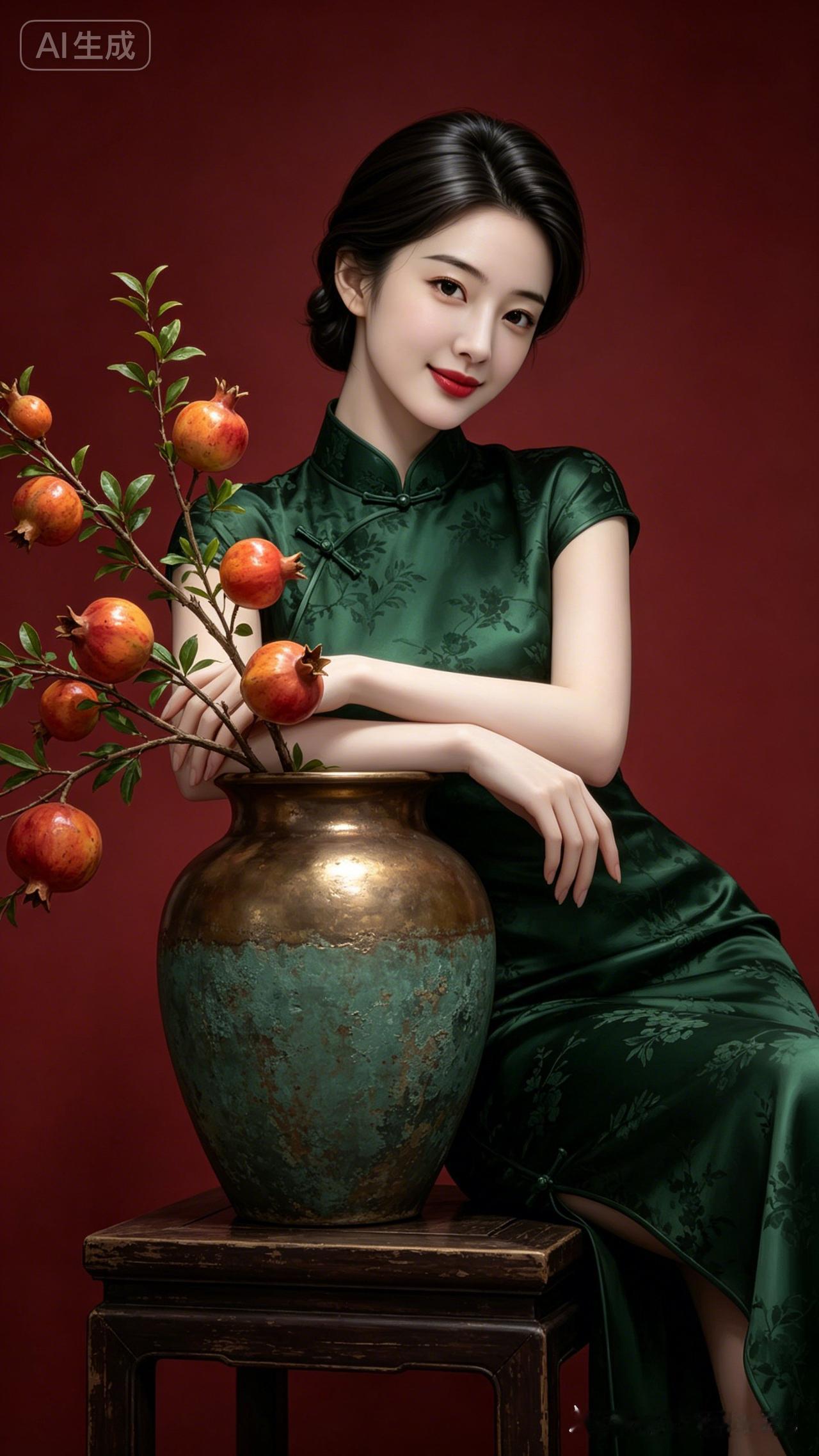 一个穿绿裙子的女子靠在桌边，花瓶里有石榴。