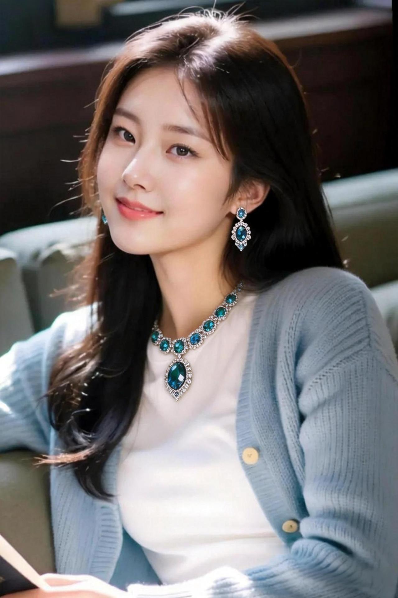 温柔甜美的午后时光，蓝白相间的清新穿搭，搭配精致的珠宝，散发着优雅的魅力。