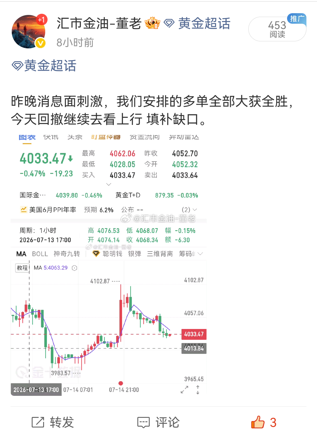 黄金 今天有点遗憾了 没有接着。早上就给出思路了 ，做空的朋友怕是难受了。 