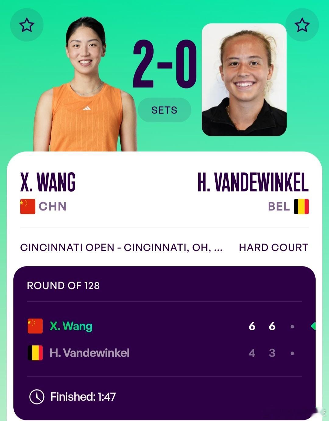 WTA1000辛辛那提站🇺🇸女单首轮王欣瑜🇨🇳6-4/6-3战胜资格赛球