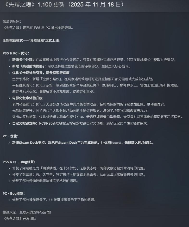 《失落之魂》官方在PC和PS5平台推送了1.100版本更新，内容包括全新挑战模式