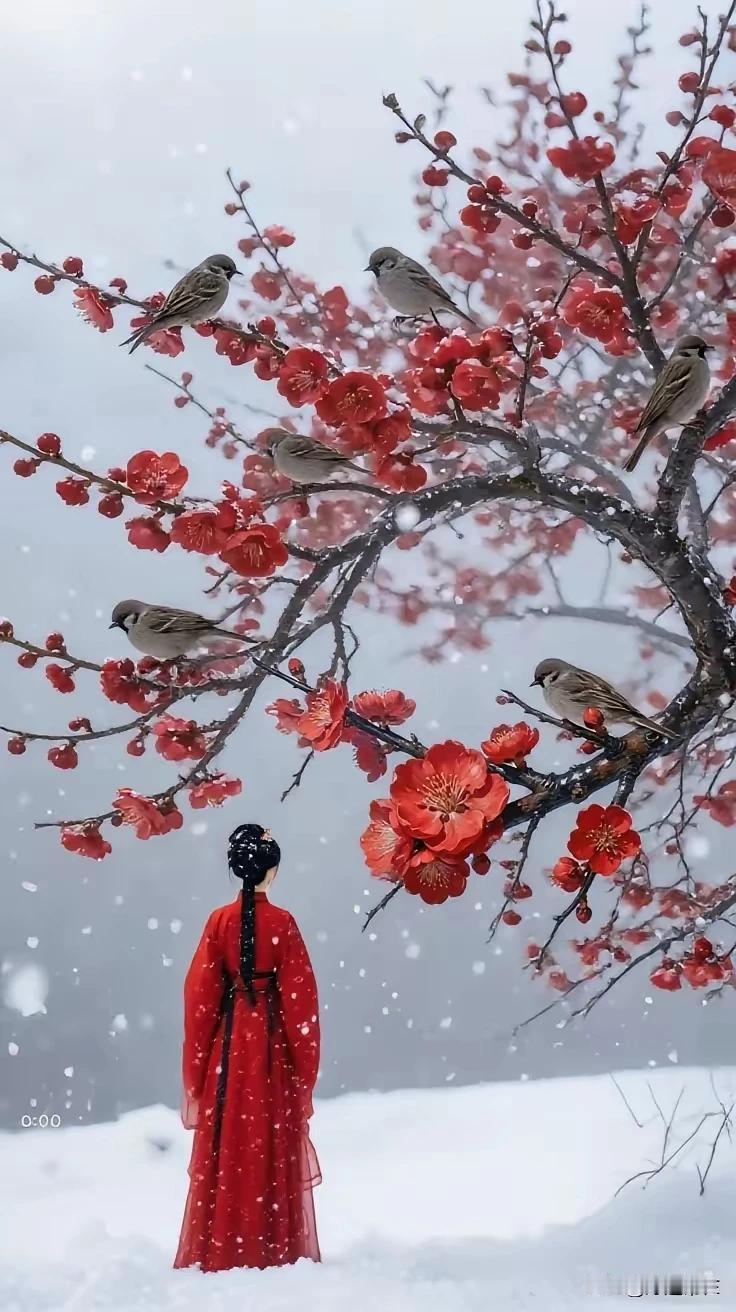 上联：白雪多情雪相依
下联：红梅有意梅枝牵