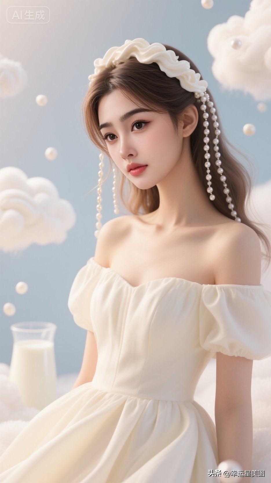 梦幻少女风，甜美珍珠发饰，轻盈飘逸的裙摆，宛如童话中的仙子。