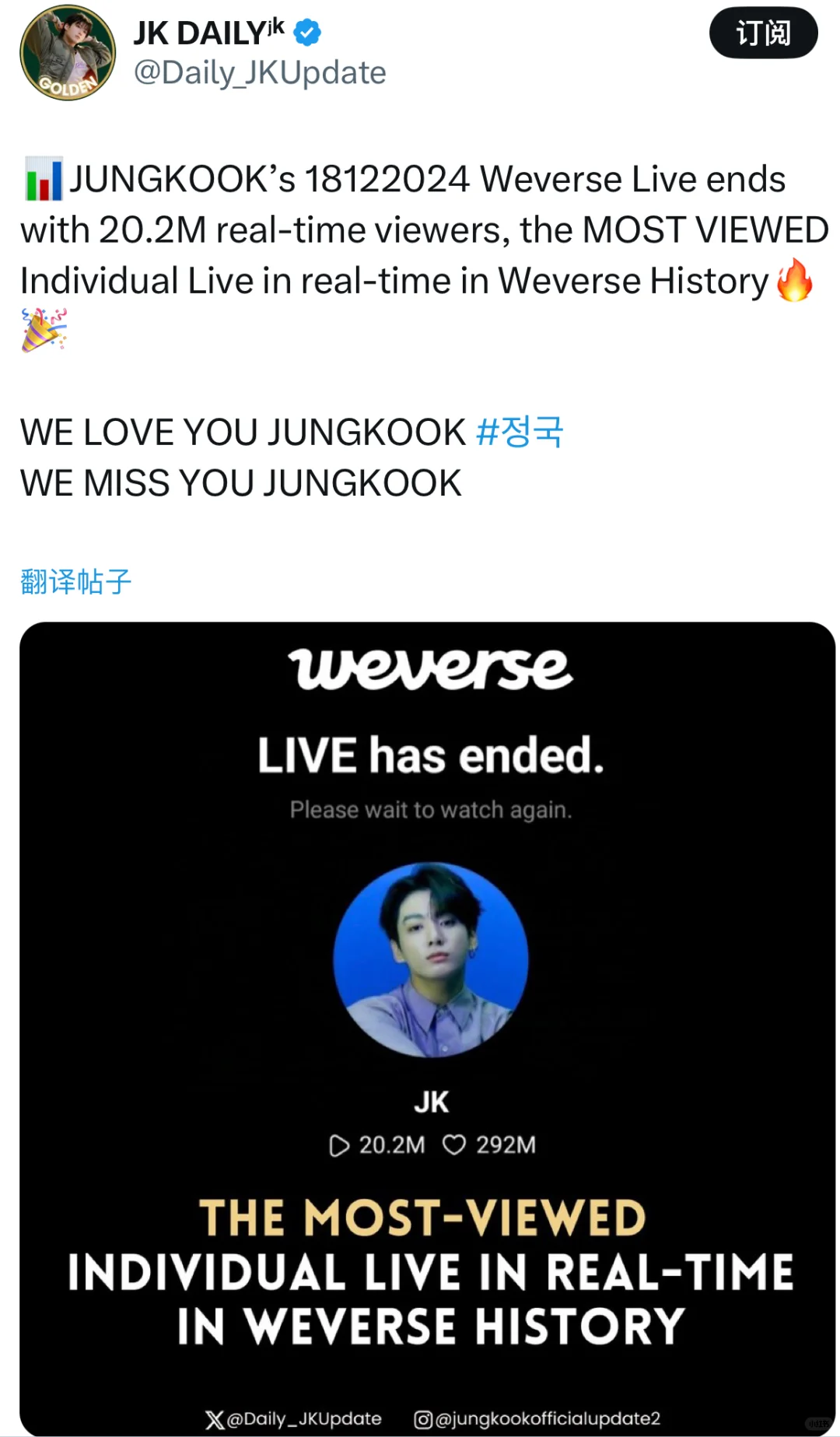 更新📊JUNGKOOK的2024年12月18日Weverse直播以2...