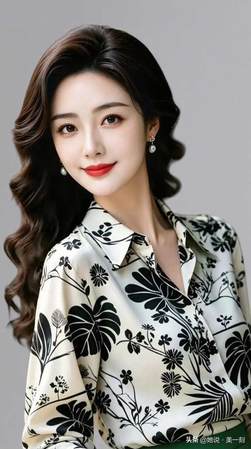 优雅黑发红唇，黑白印花衬衫，尽显时尚魅力！🌸💄👗