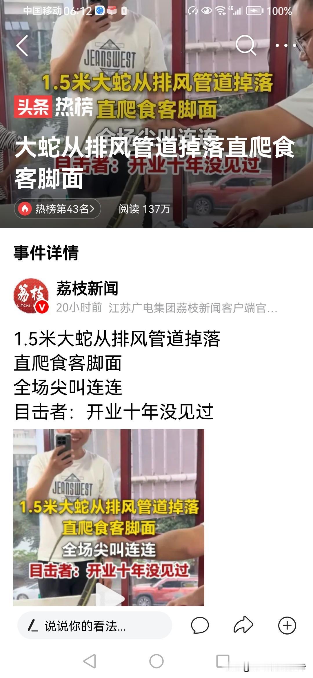 大蛇从通风管爬出落食客脚面前，让店主惊悚食客头皮发麻，这是在玩什么呀，干得这么的