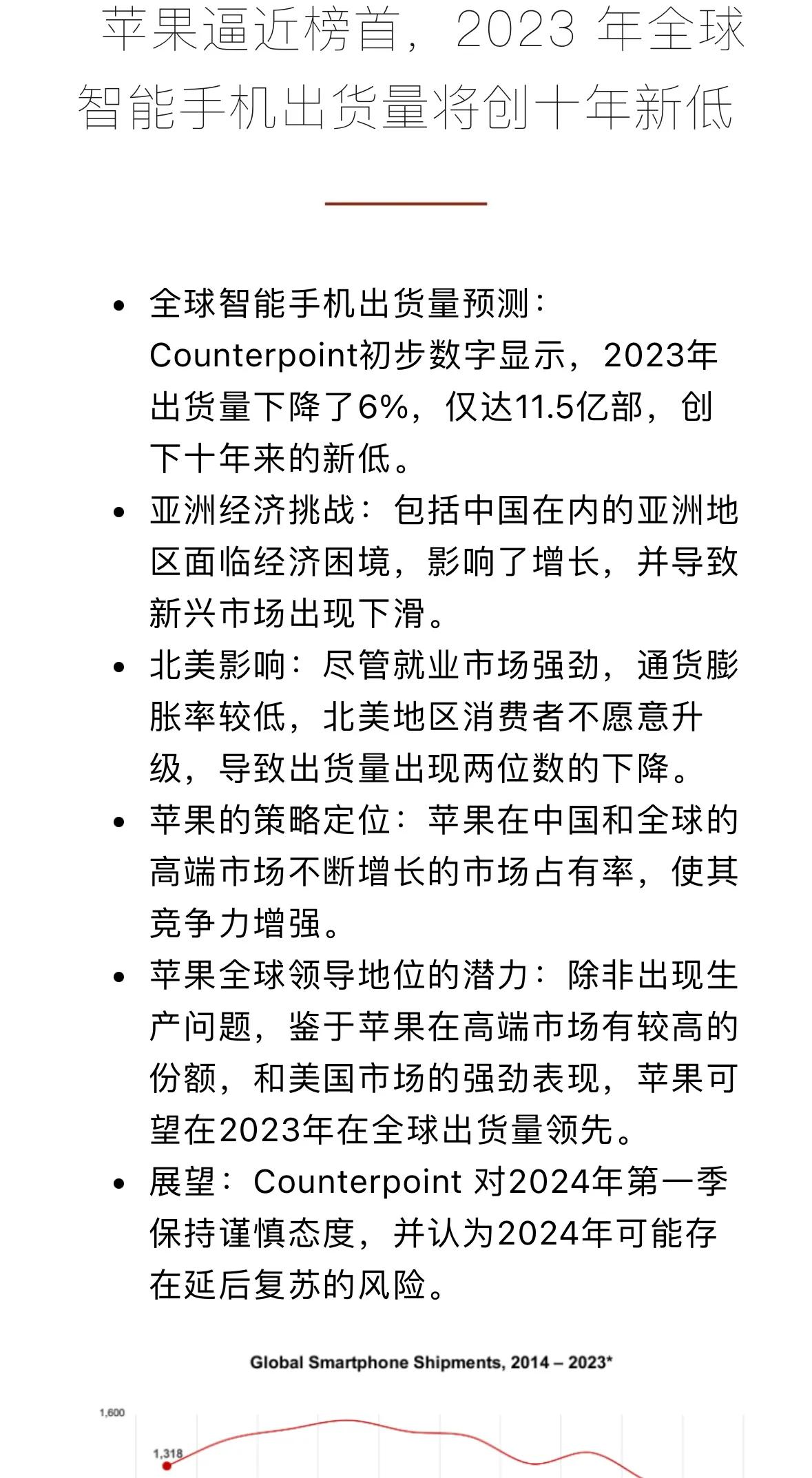 Counterpoint 对2024年第一季保持谨慎态度，并认为2024年可能存