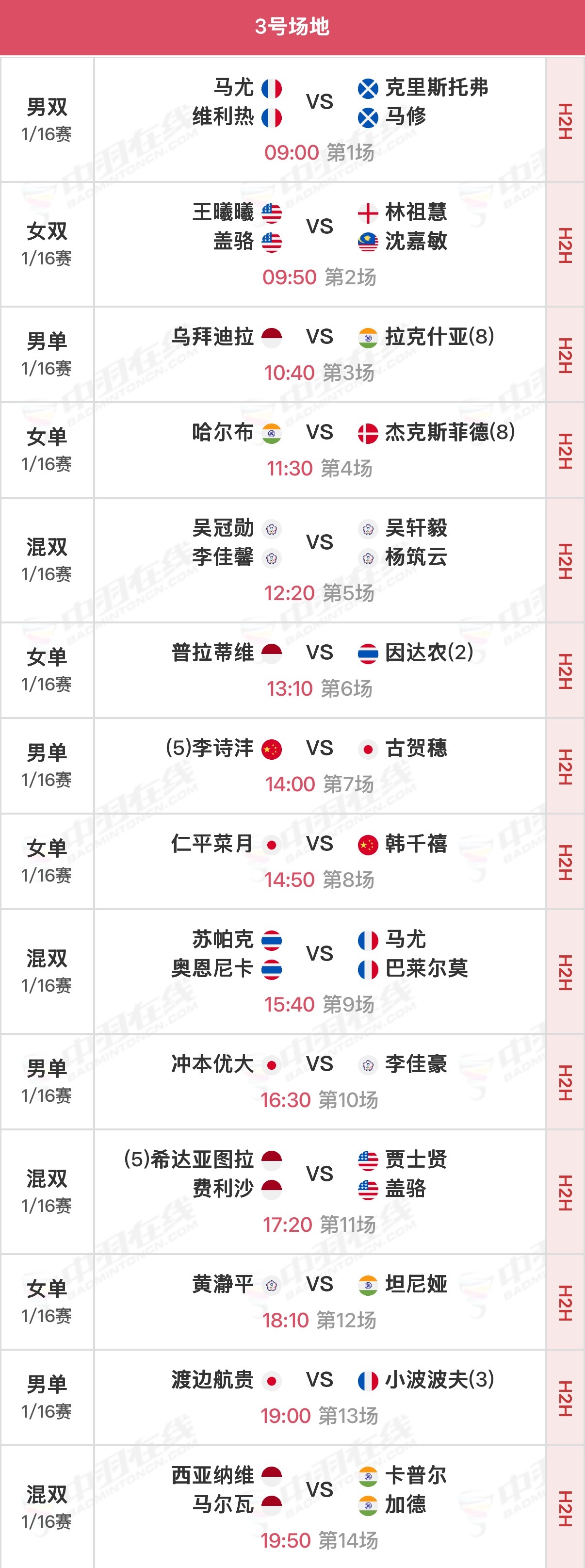 2026年大马羽毛球大师赛 剩余1/16决赛北京时间09:00开始，可在羽协公众