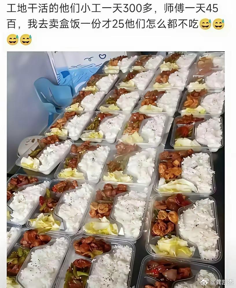 网友询问：工地干活的他们小工一天300多，师傅一天45百，我去卖盒饭一份才25，