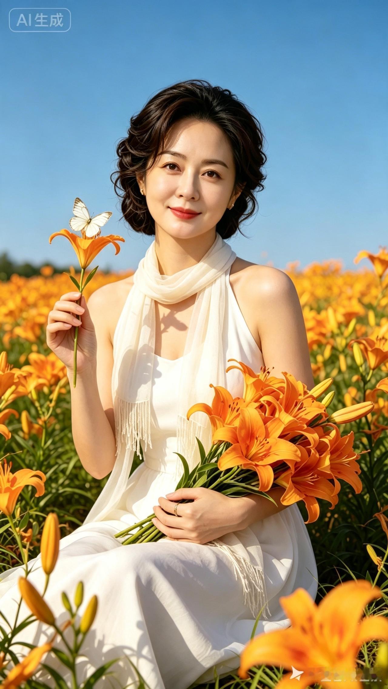 百合花海打油诗
百合绽放满地黄，
佳人静坐沐骄阳。
大自然里多美妙，
微风袅袅拂
