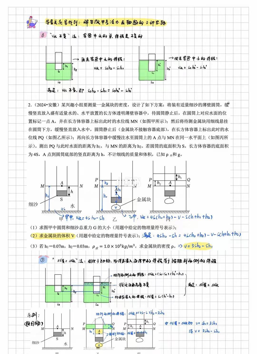 中考浮力压轴题就头疼？找到等量关系是关键！
这里提供3种方法，希望多少对大家有所