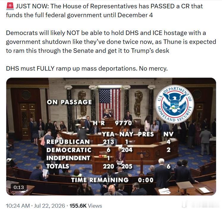 美国众议院已通过一项持续拨款决议，为联邦政府提供资金，维持运作至12月4日。民左