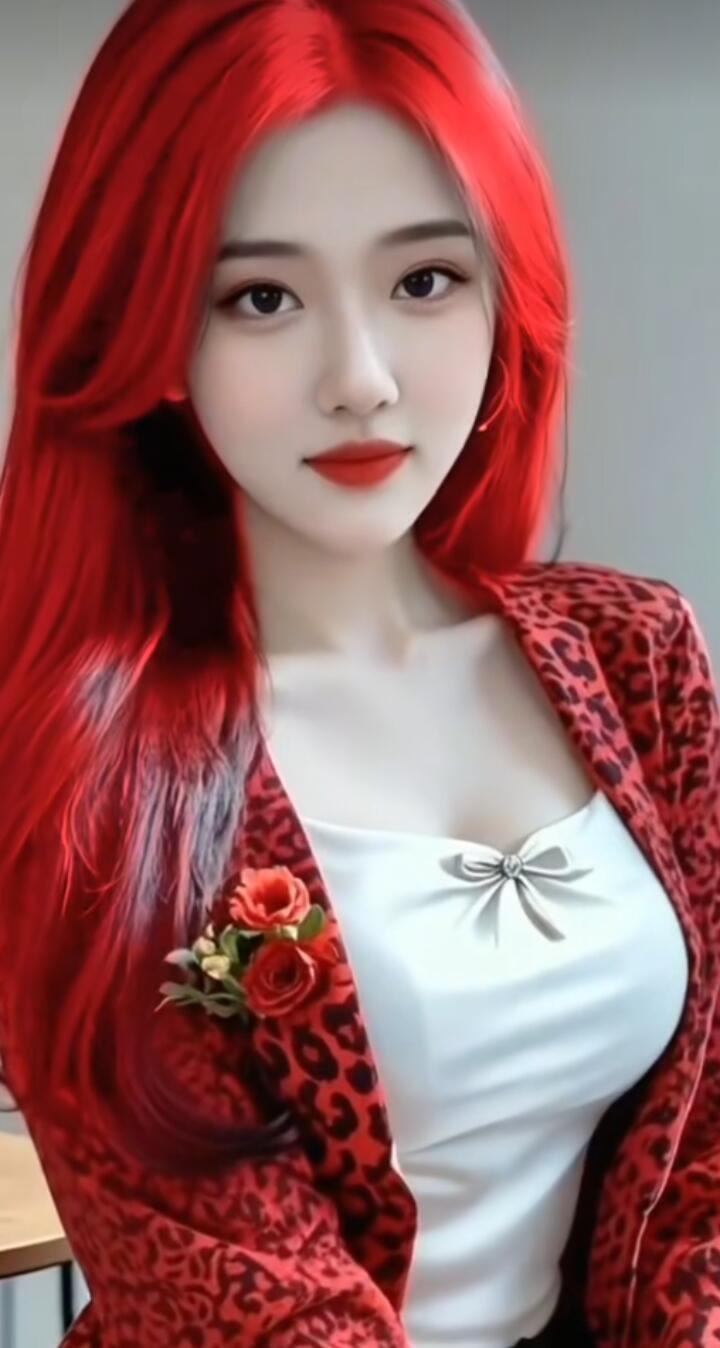 惊艳的红色长发，搭配豹纹外套和优雅白裙，尽显时尚与魅力！🔥💃👗