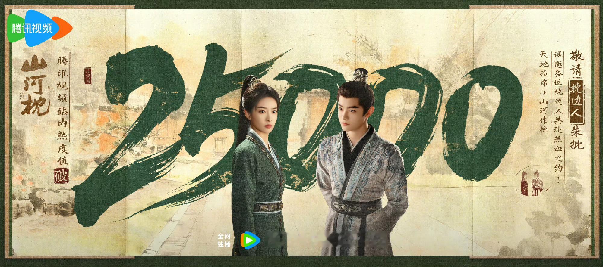 山河枕热度破25000热烈祝贺《山河枕》热度突破25000！宋茜丁禹兮实力演绎，
