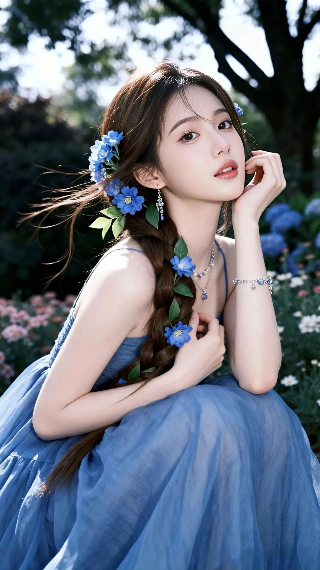 这组照片呈现出唯美清新的森系少女风，蓝调花海与灵动少女交织，尽显春日浪漫。
人物