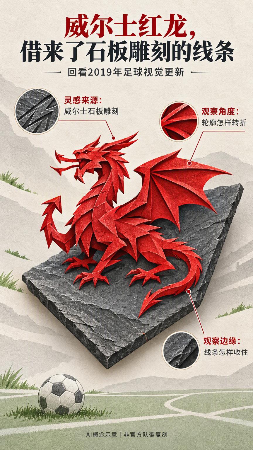 威尔士队徽里的龙，线条借自家乡的石板雕刻认出红龙，只看懂了图案画的是什么；再看它