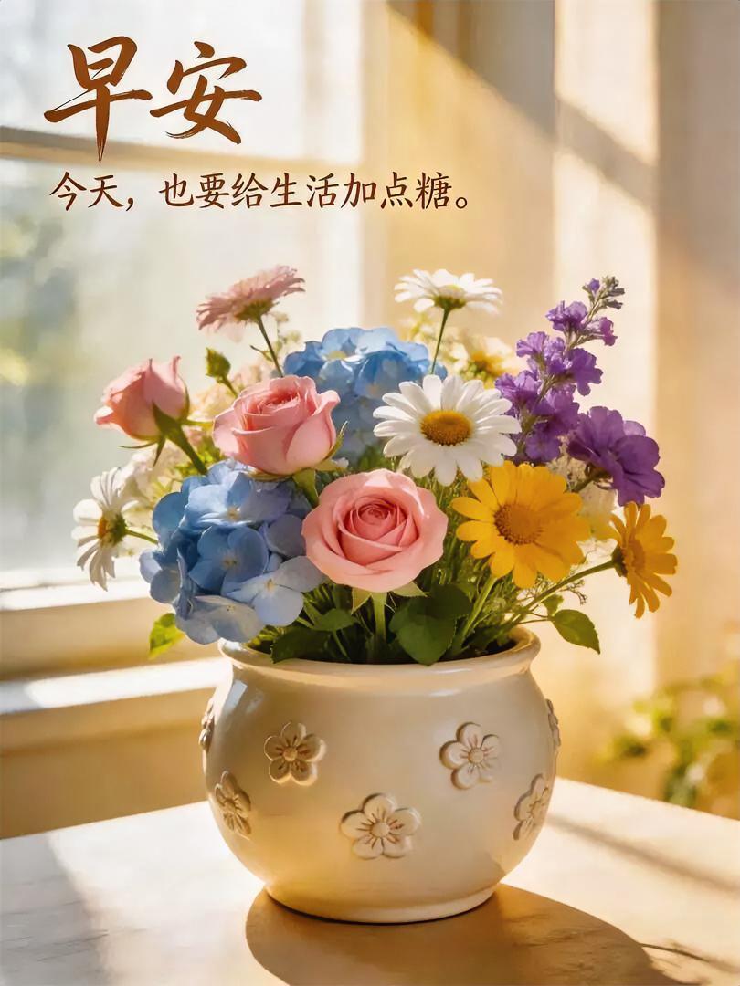 阳光吻过花瓶，彩色小花在窗边绽放，早安呀，今天也要给生活加点糖！