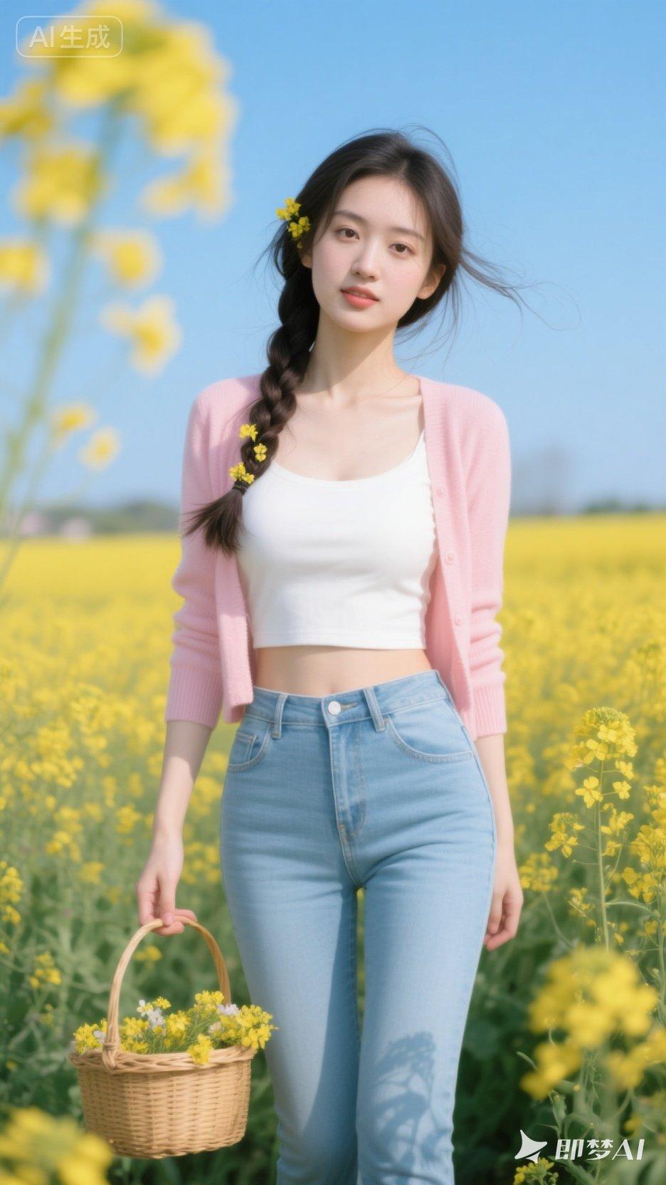 春日野餐指南🌸💐 轻盈粉色外套，清新牛仔裤，手提花篮，与自然共舞。
