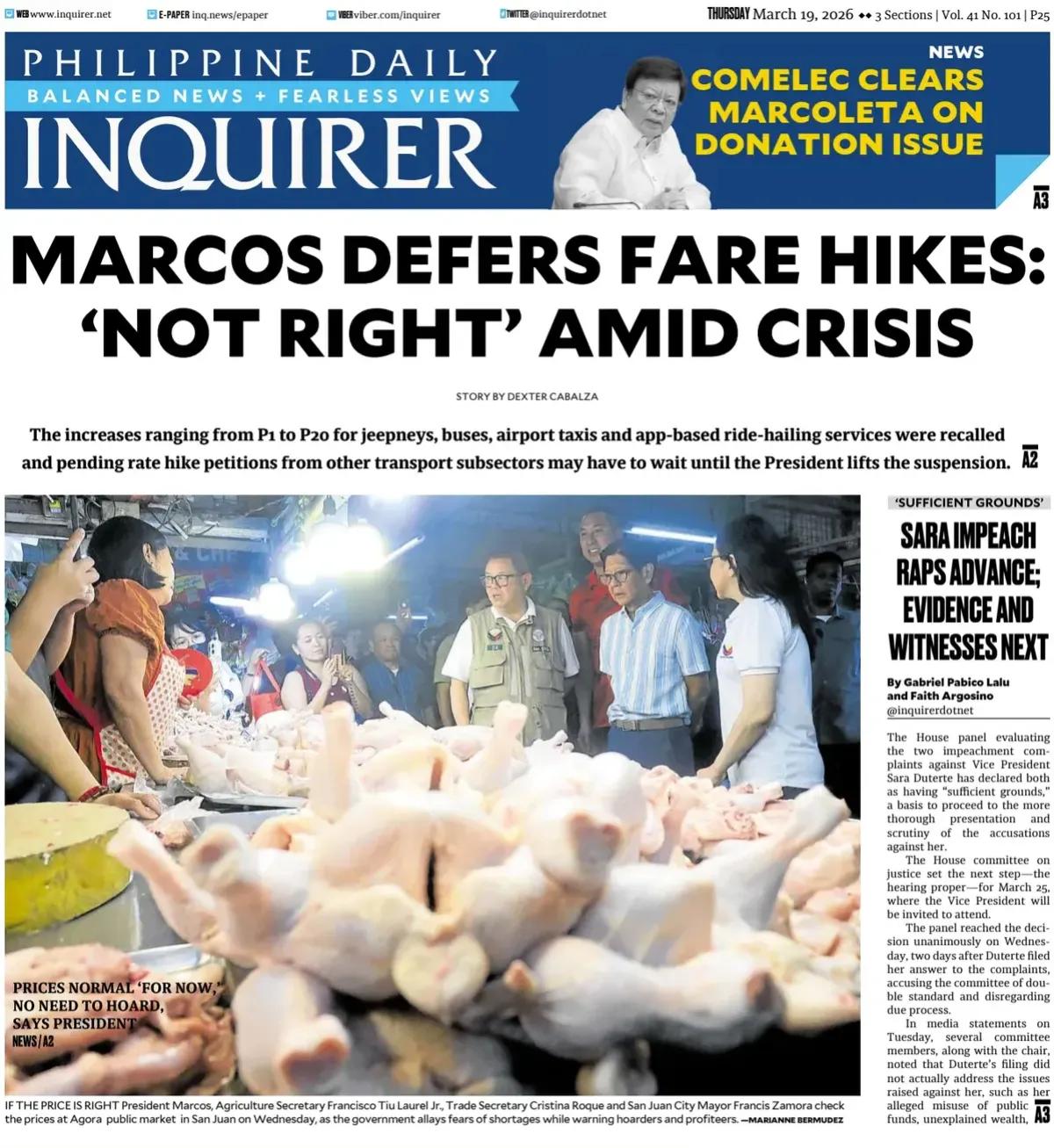 《菲律宾每日问询者》头版报道，照片显示，周三，菲律宾总统小马科斯、农业部长弗朗西