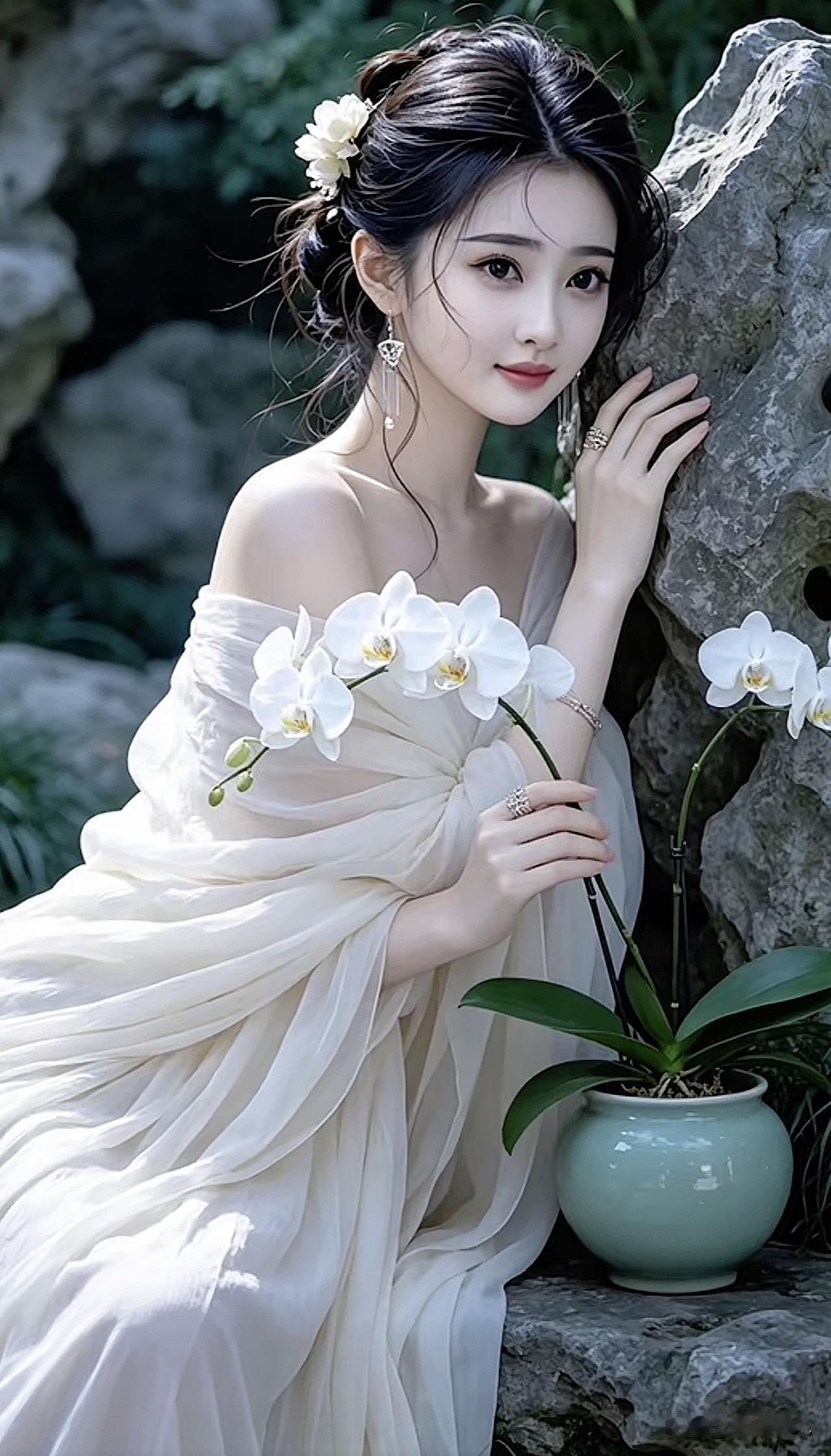 仙气飘飘的少女与兰花相伴，静谧自然，宛如画中人。自然清雅美女 清雅仙气美女 兰花