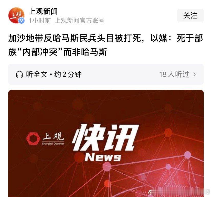 反哈马斯民兵首脑被杀加沙当地有几个反哈马斯的部落武装组织，最近内部冲突，导致首脑