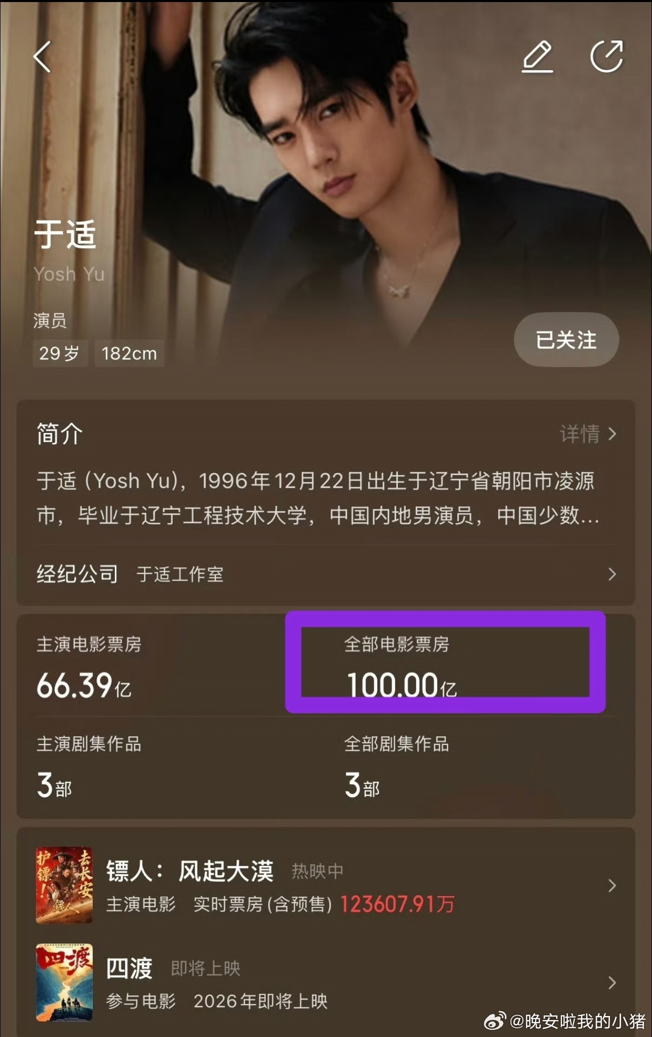 于适电影票房破百亿，出道三年主演电影九部