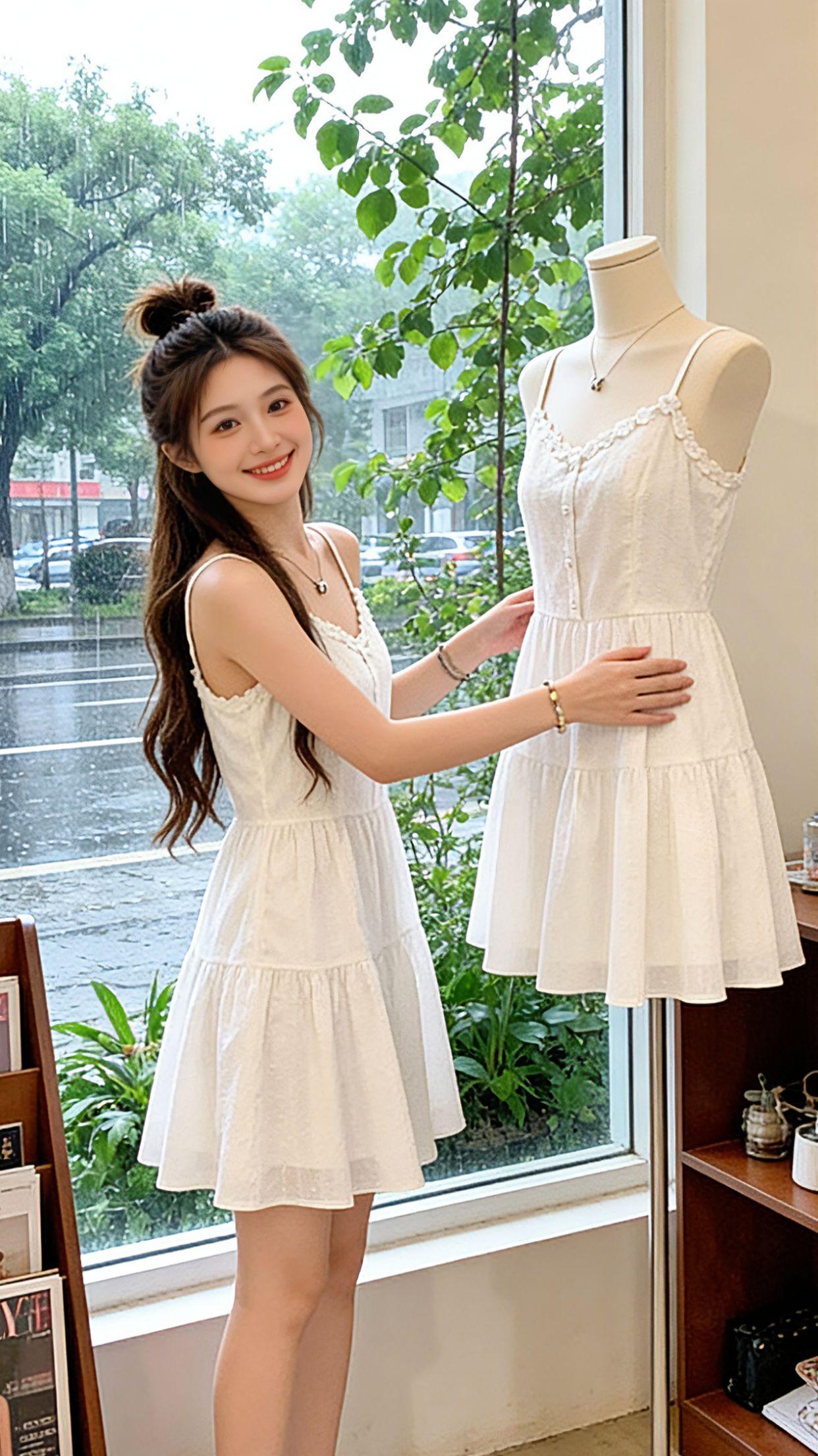 谁懂啊！夏天的氛围感全被这条小白裙拿捏了。法式蕾丝花边搭配提花肌理，温柔又有细节