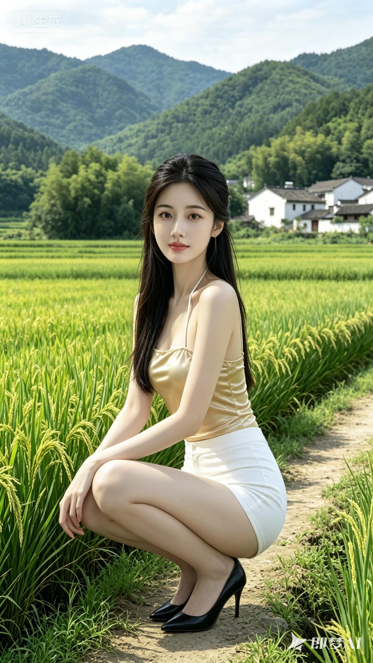 一位美女蹲在田间小路上。