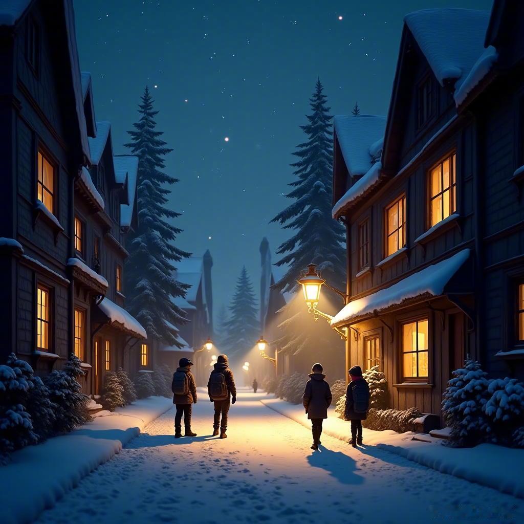 冬夜小镇，雪花如梦。光影交融，温暖心间。愿每个寒冷的日子，都能有温馨的光照亮你前