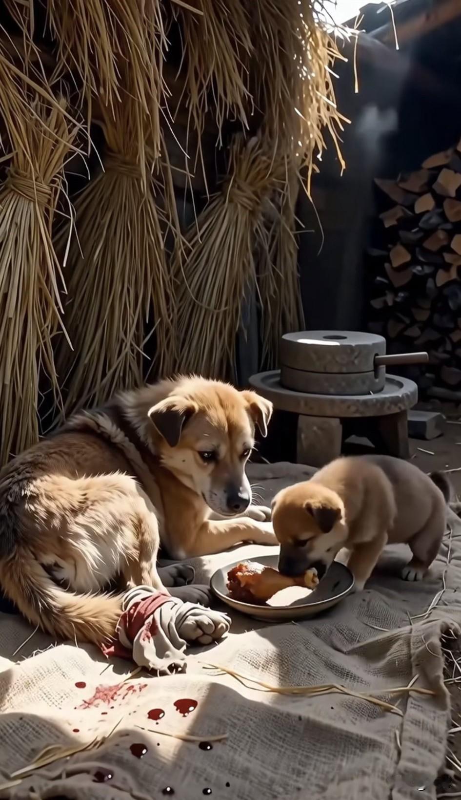 泪目了！狗狗也知道孝顺，这天主人给了小奶狗一只大鸡腿，虽然它很想吃，可它想到受伤