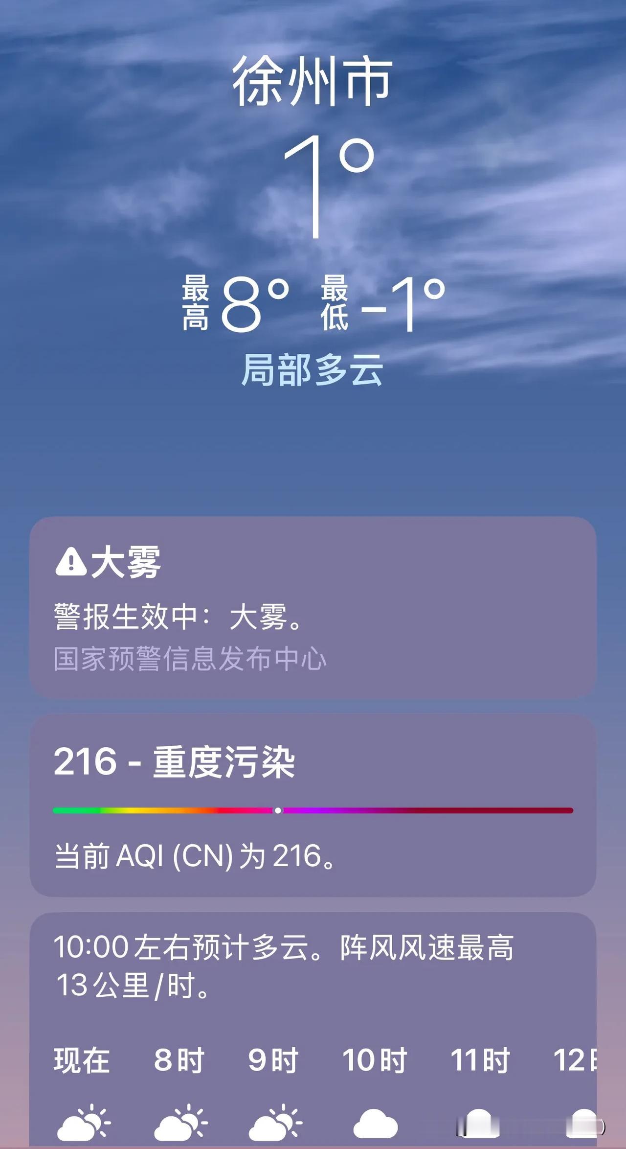 徐州市今天天气-1度到8°C，开始降温了，出行朋友们一定要注意保暖。