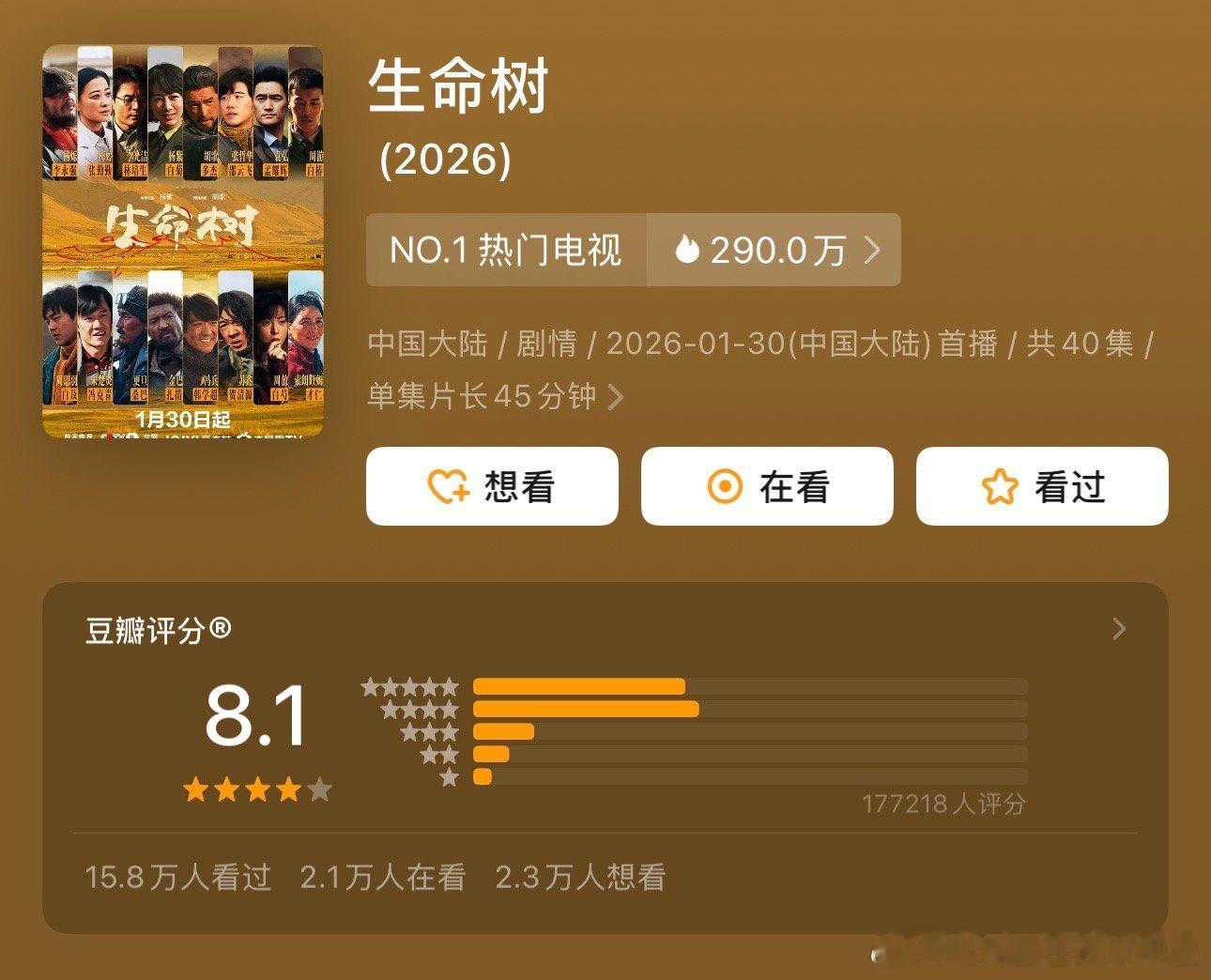 生命树豆瓣开分8.1生命树豆瓣打分人数杨紫、胡歌《生命树》豆瓣开分8.1 ，17