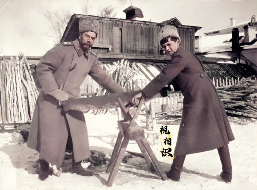 1917年，被软禁的“末代沙皇”父子的照片，画面中两父子正在“拉大锯”劳动，自从...