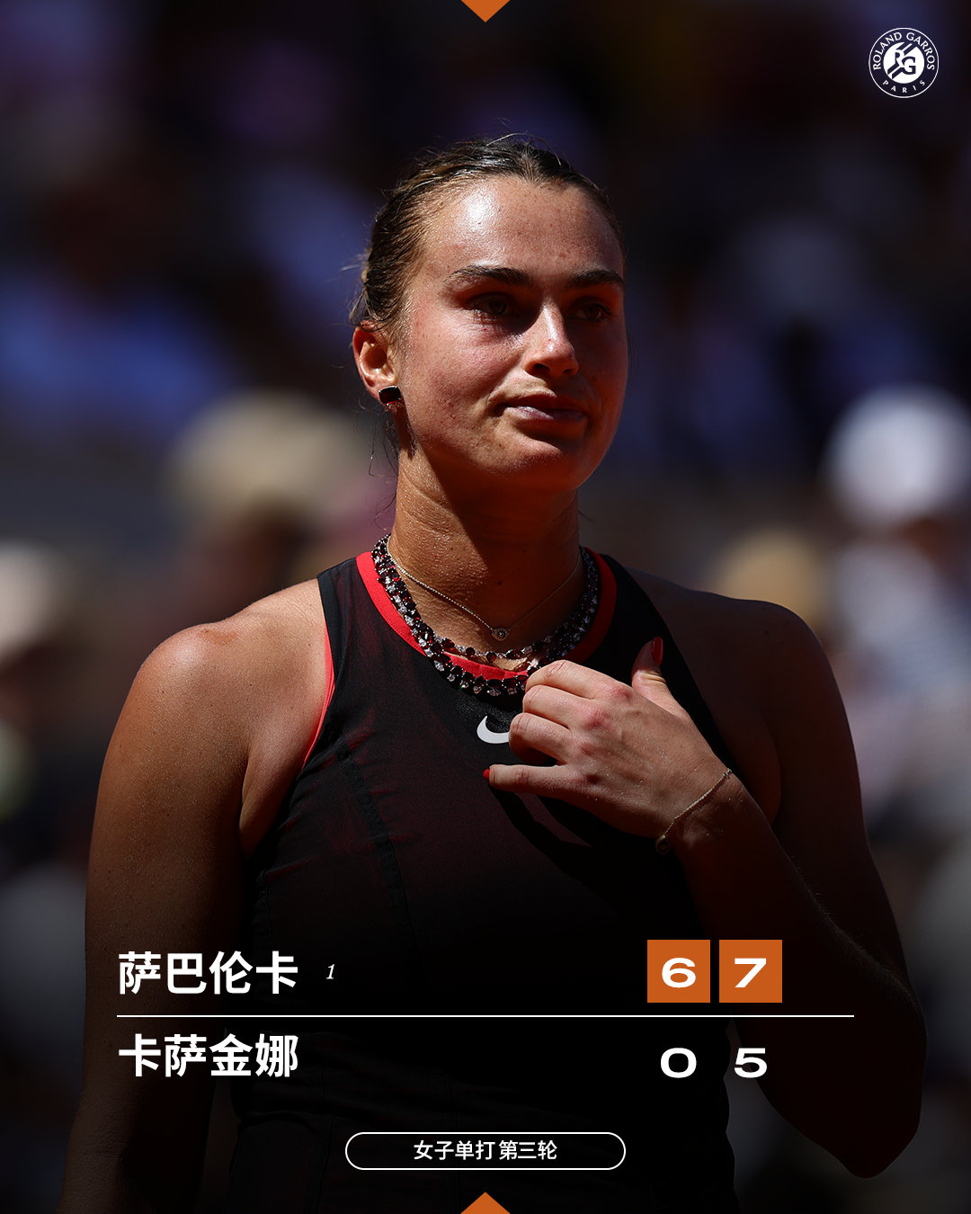火力全开 🎯 头号种子萨巴伦卡轻松晋级法网2026 女单第三轮，世界第一萨巴伦