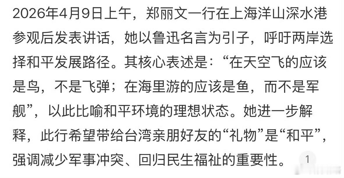 郑丽文引用鲁迅名言呼吁两岸和平，“在天空飞的应该是鸟，不是飞弹；在海里游的应该是