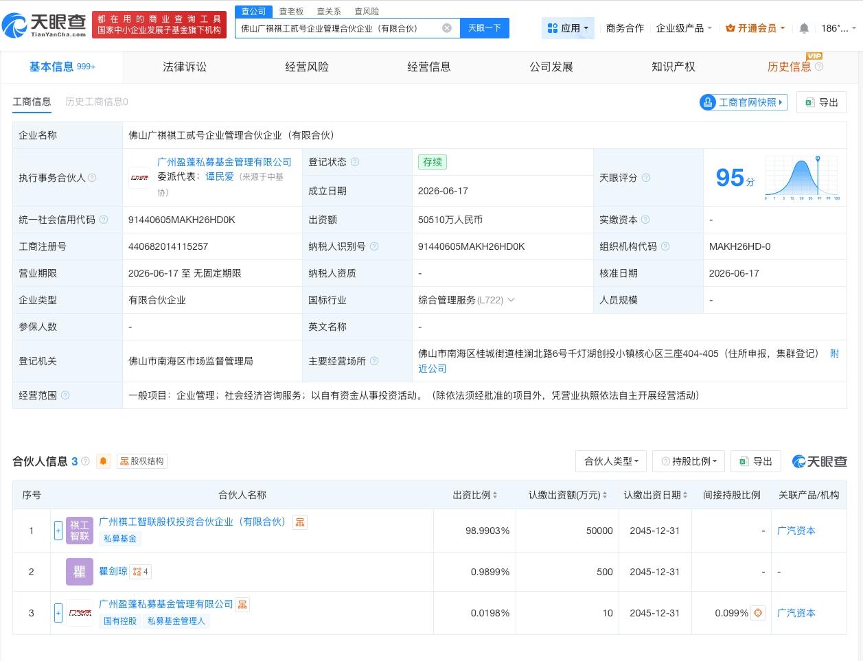 广汽资本等在佛山成立合伙企业 出资额约5.05亿

天眼查App显示，近日，佛山