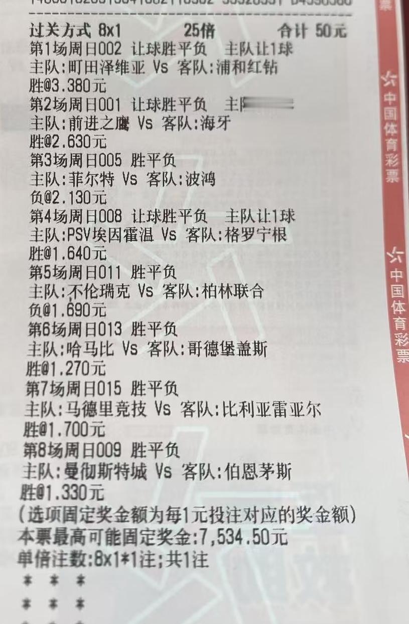 今天看到的最可惜的一张彩票！
这位大哥真是一位高手，8场比赛全部单选，结果就错了