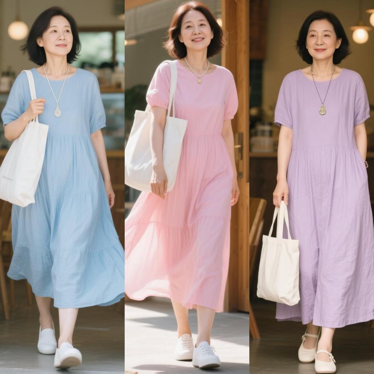 四五十岁女性春夏穿连衣裙别总是穿深色了，尝试这些色彩，让你瞬间年轻十岁

有些人