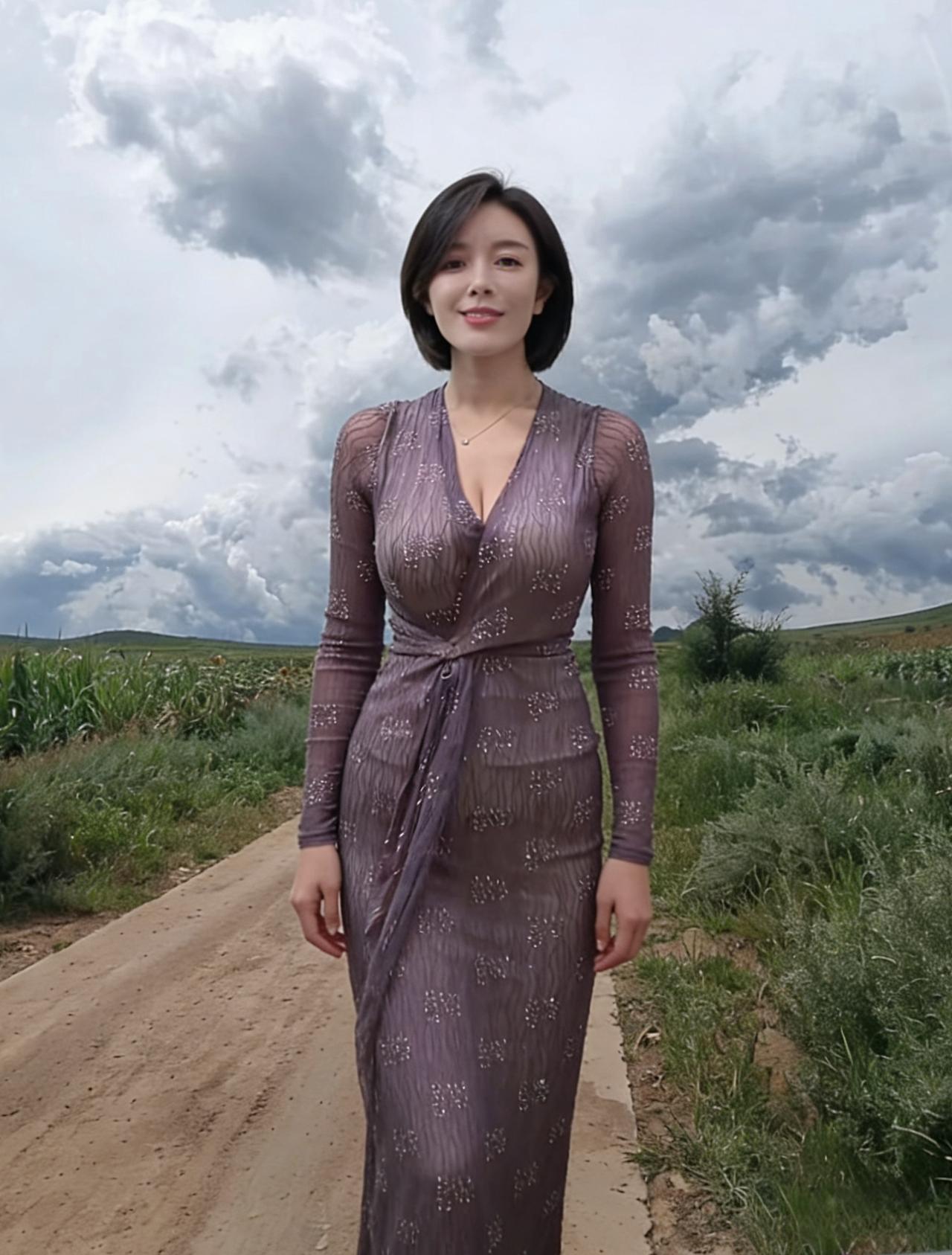 乌云堆成厚厚的锦缎，压在旷野的头顶
土路蜿蜒，像被风揉皱的黄丝带
她踩着紫烟走来