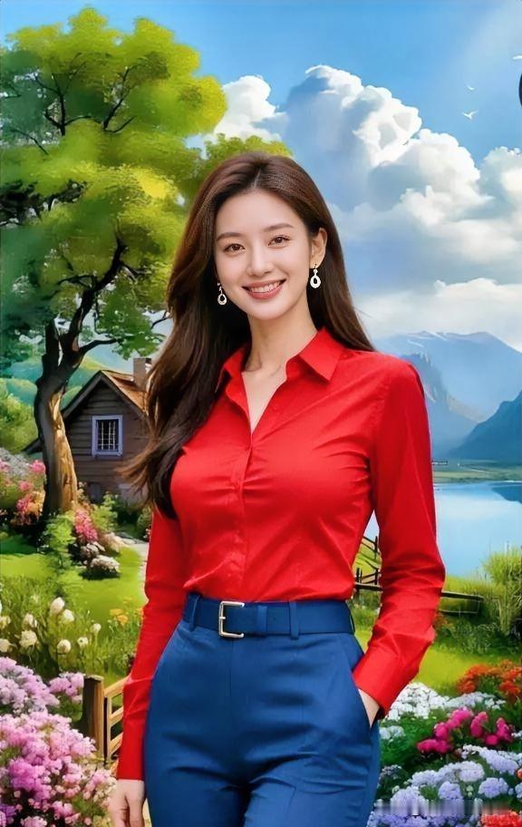 红衣似火，蓝裤如海，于繁花碧水间笑靥如花，绽放明媚优雅风情。