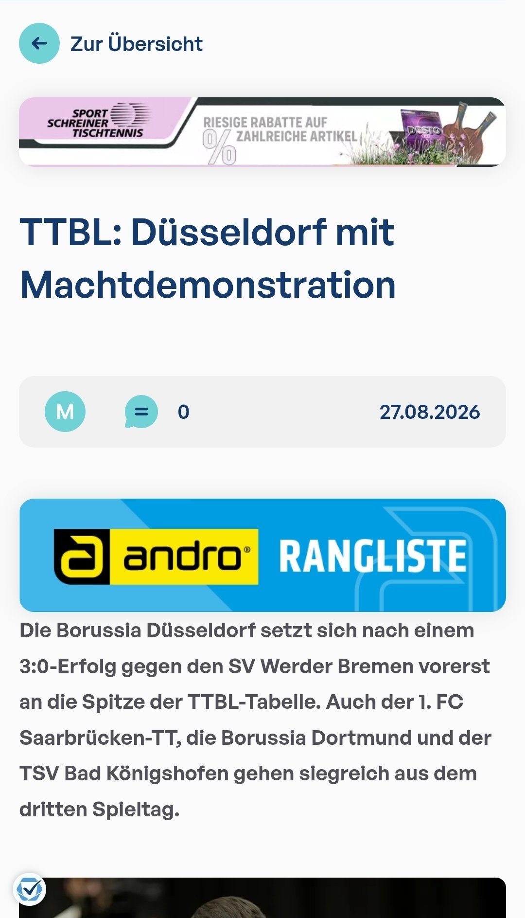 TTBL：杜塞尔多夫展现统治力2026/27 赛季的乒乓球德甲联赛虽然仅进行了三