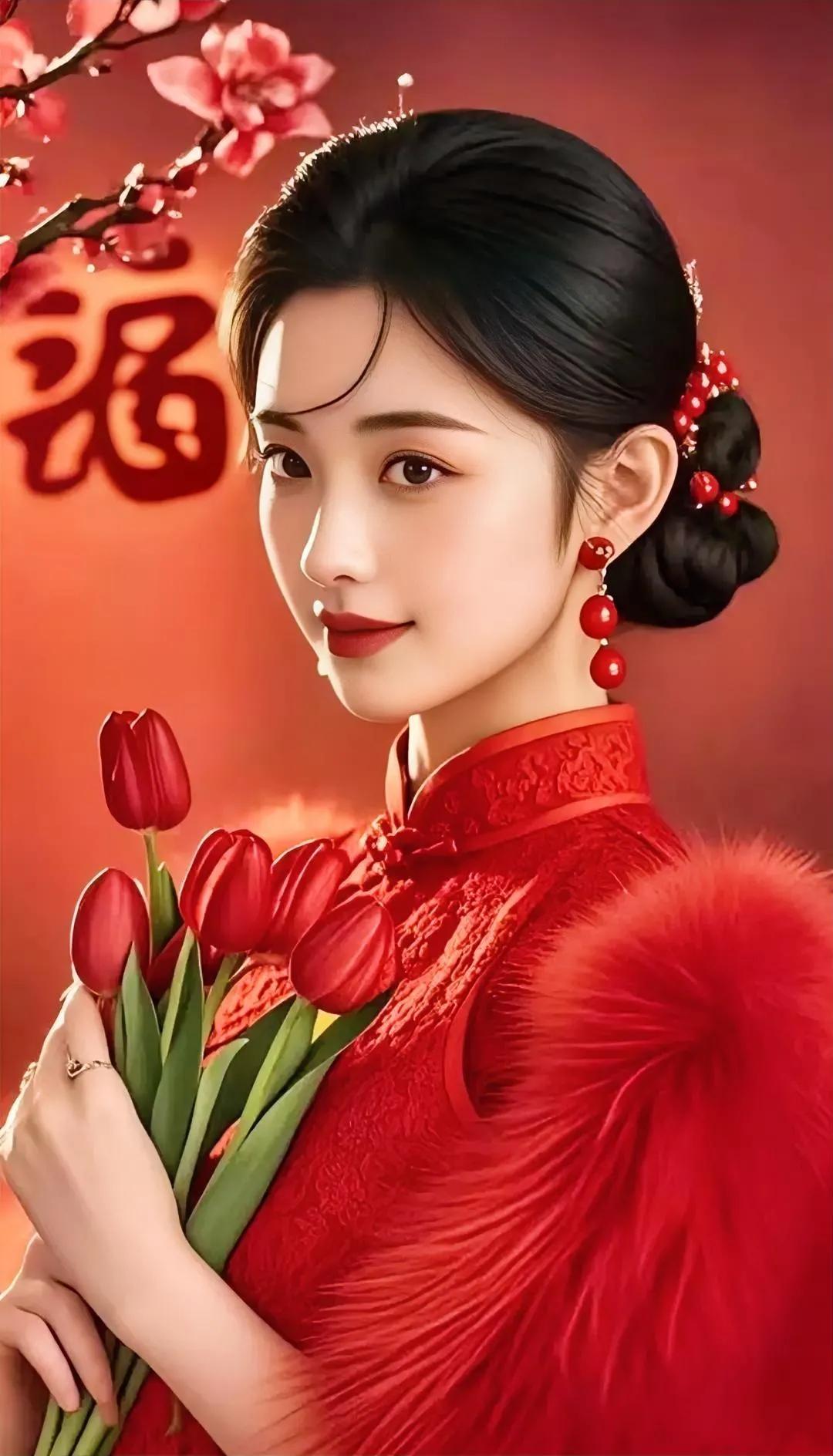 春日红妆美人，手持红艳郁金香，满目繁花似锦。观花佳人更动人 美艳鲜花夺人目