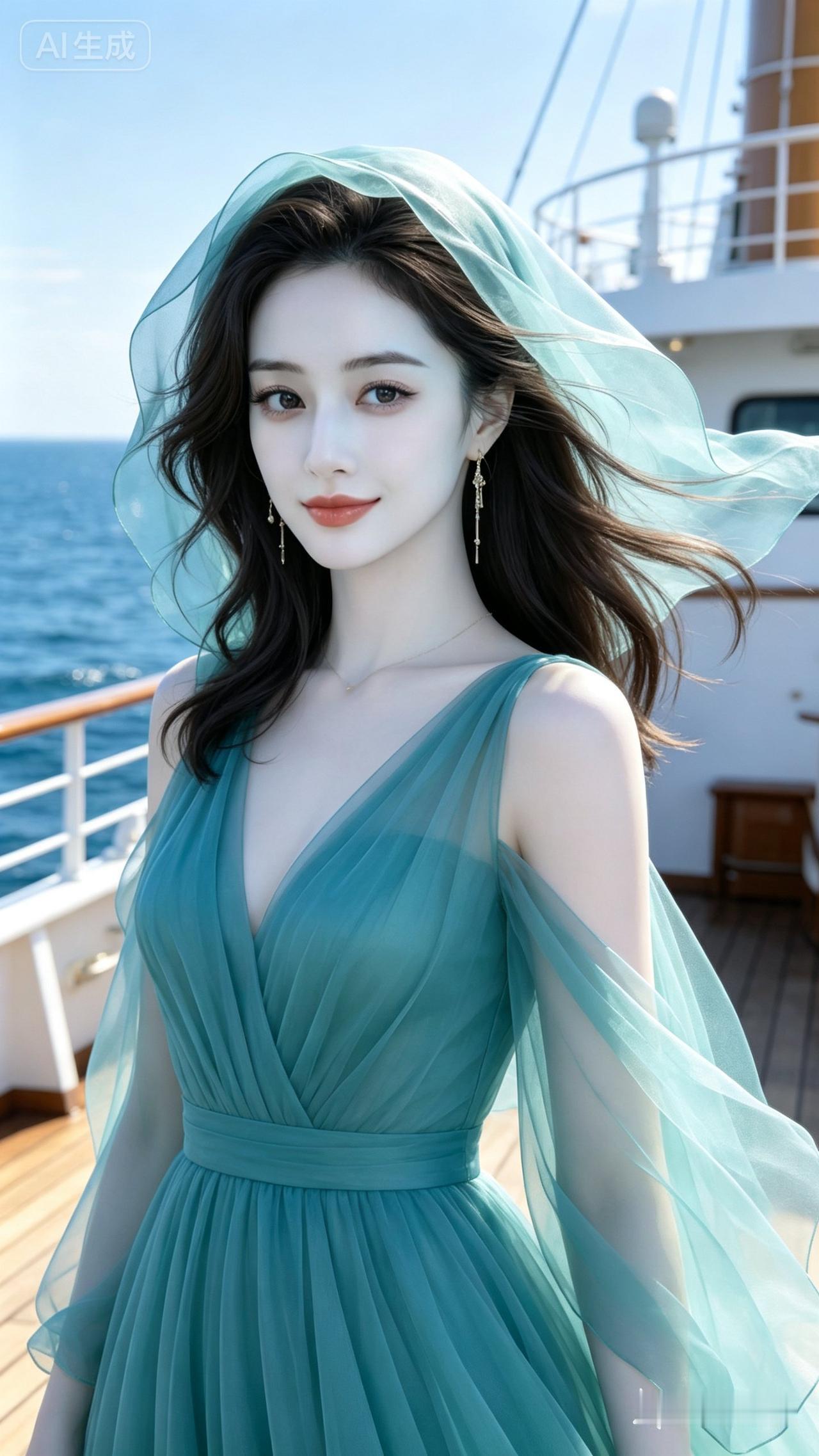 这位女士在海上的游轮上拍照。