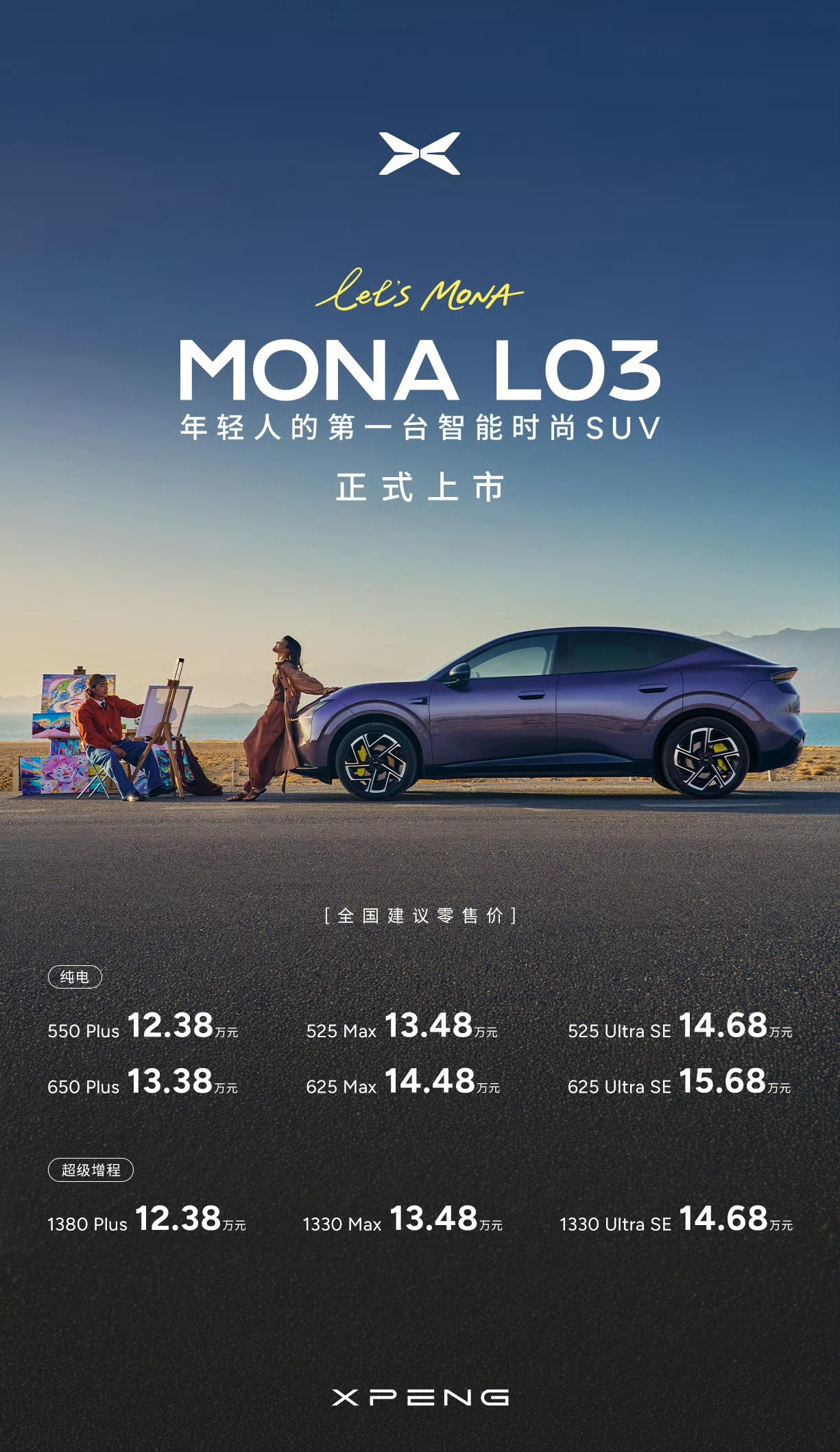 小鹏MONA L03全球同步上市，才12.38万起！！CLTC纯电续航最高650