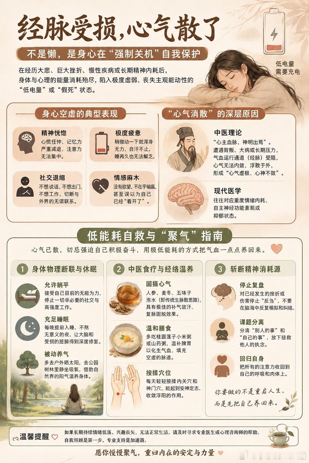 经脉受损心气散了当身体出现持续疲劳、注意力下降、情绪低落、失去兴趣、社交退缩等状