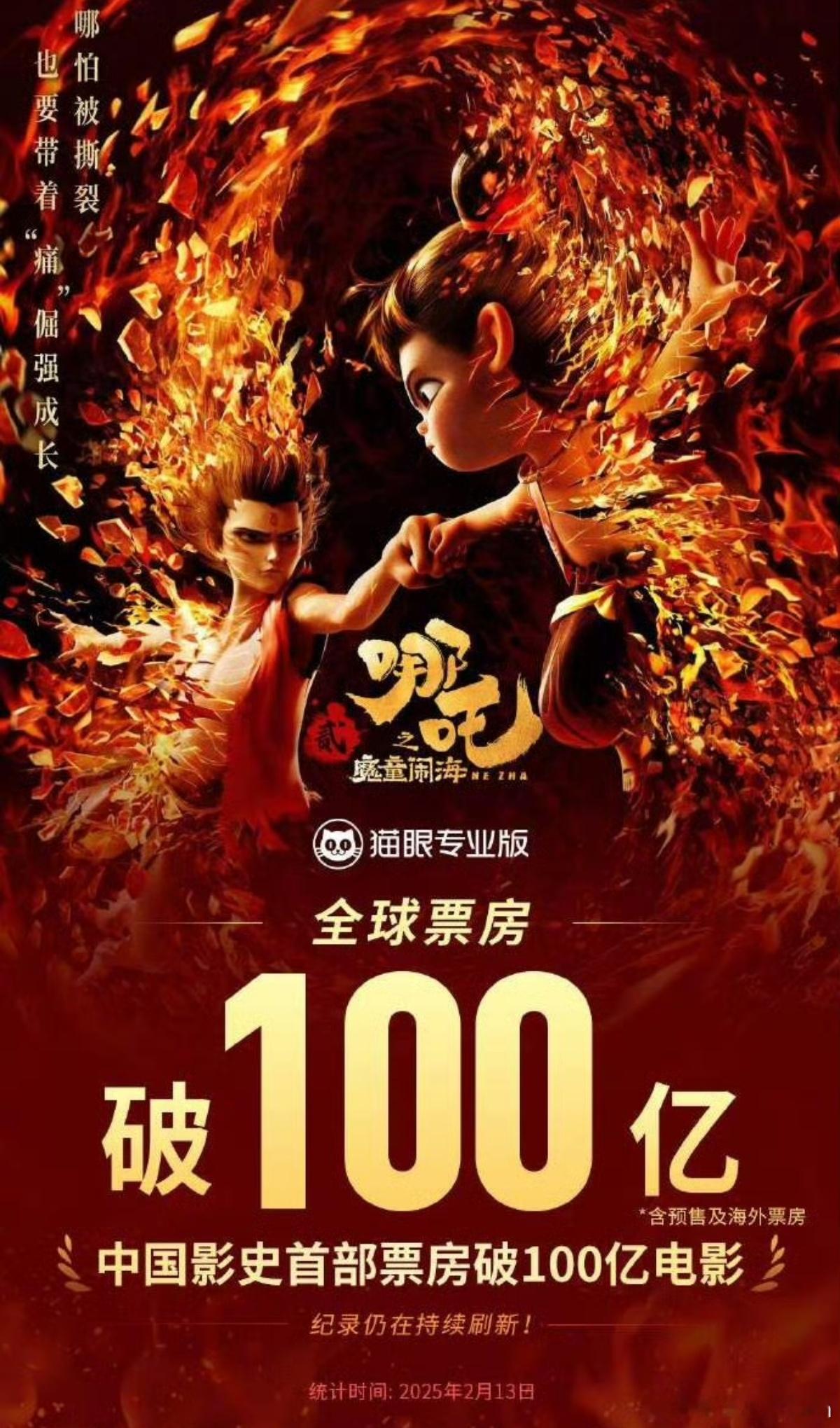 哪吒2破100亿 🇨🇳吒太争气了！[锦鲤附体][锦鲤附体][锦鲤附体]我们几