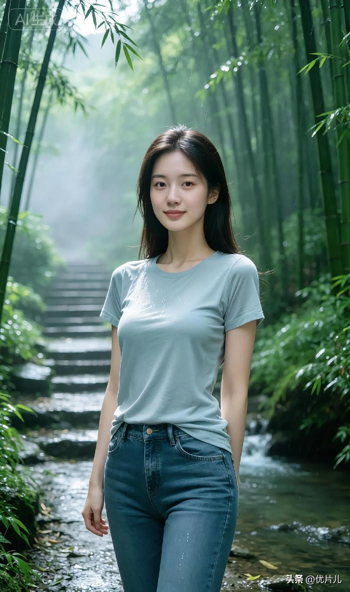 竹影含烟，山雨初歇。
石阶伴着潺潺流水，清风穿过层层翠叶。
一身素简立于林间，放