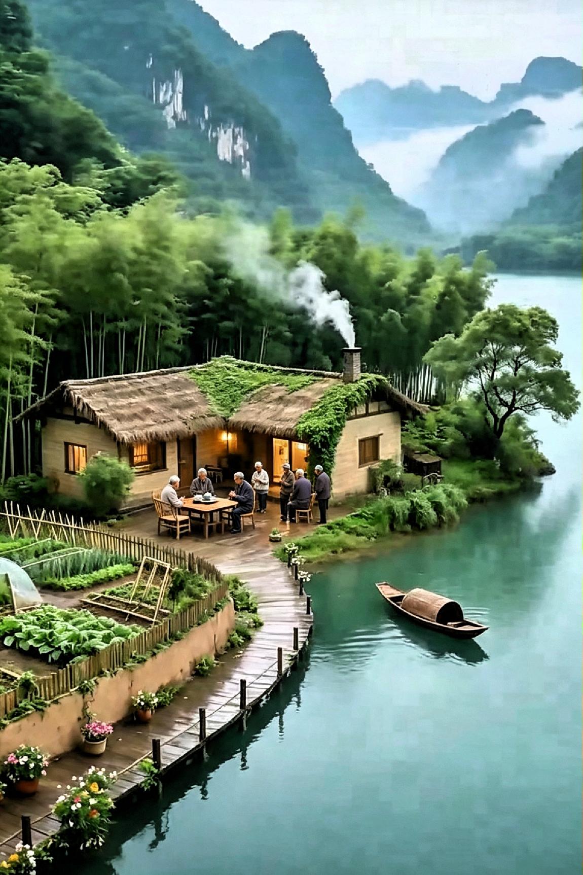 《林间木屋》
 
远离市井喧嚣，归隐山林一隅。
林间藏木屋，清风伴闲人，
一草一