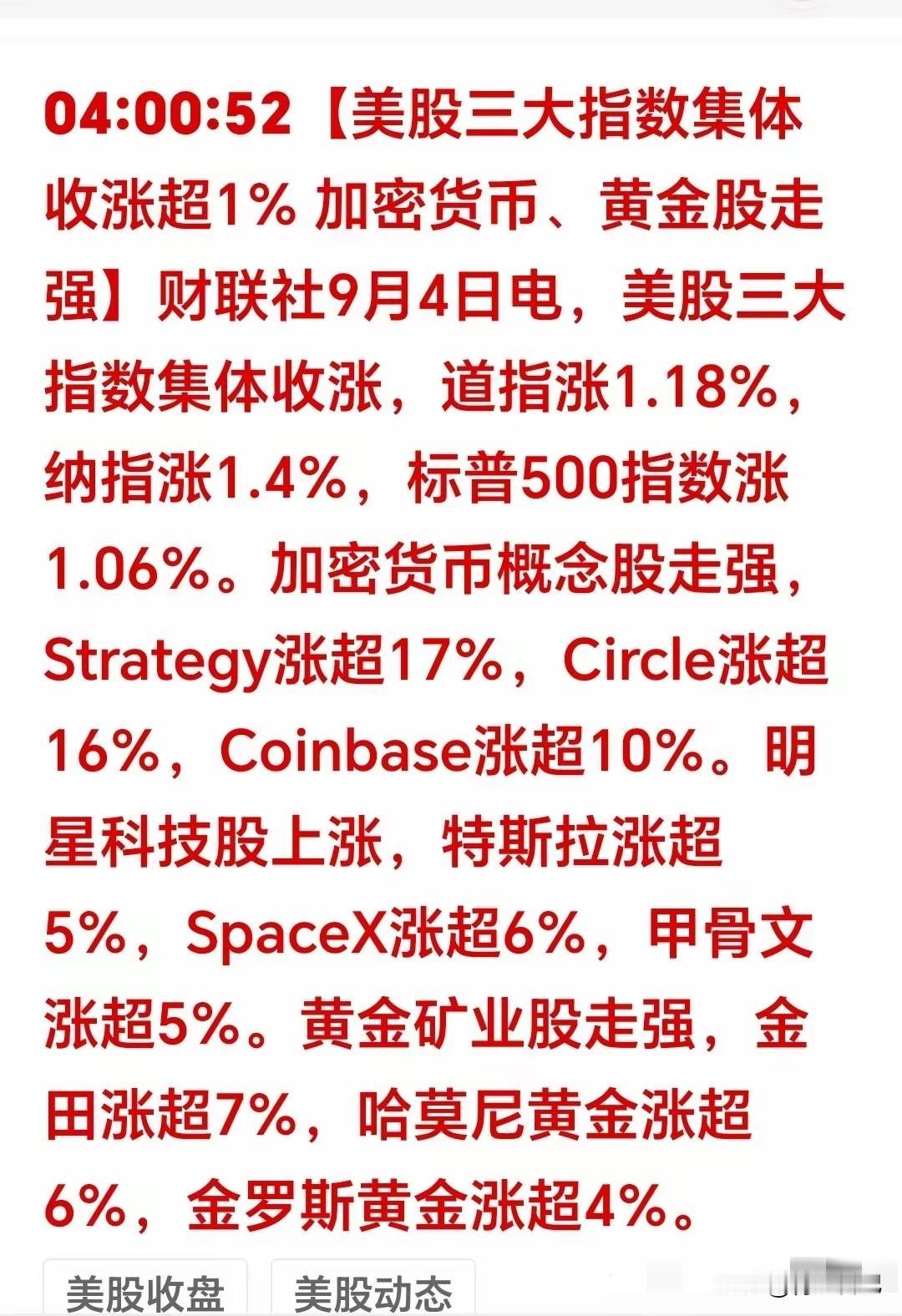 一觉醒来，美股又嗨疯了！
昨晚美股像打了鸡血，道指纳指标普集体“红通通”，恐慌指